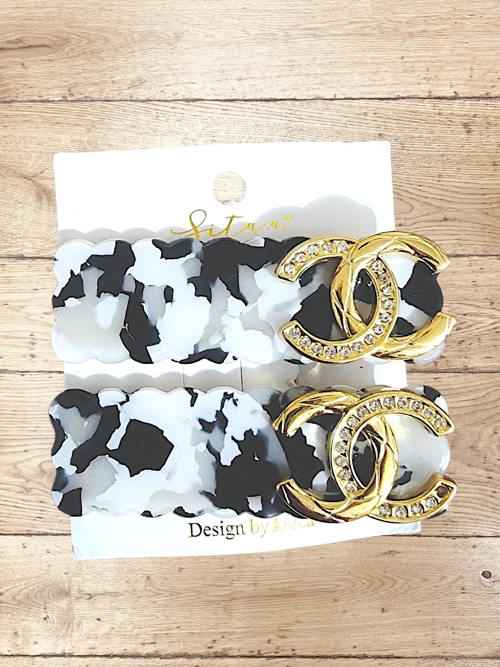 Black & White Marbled Hair Clips with Gold Rhinestone Logo Accent